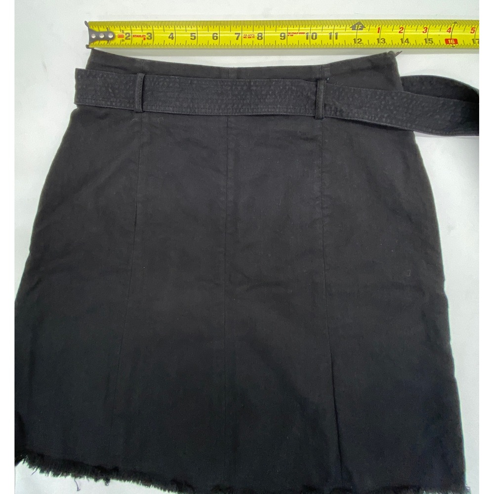 Maje Bella Black Denim A-Line Mini Skirt Belted Raw Hem Size 38 US 6 - Picture 7 of 9